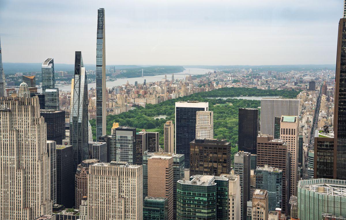 Aerial view of a major US city skyline