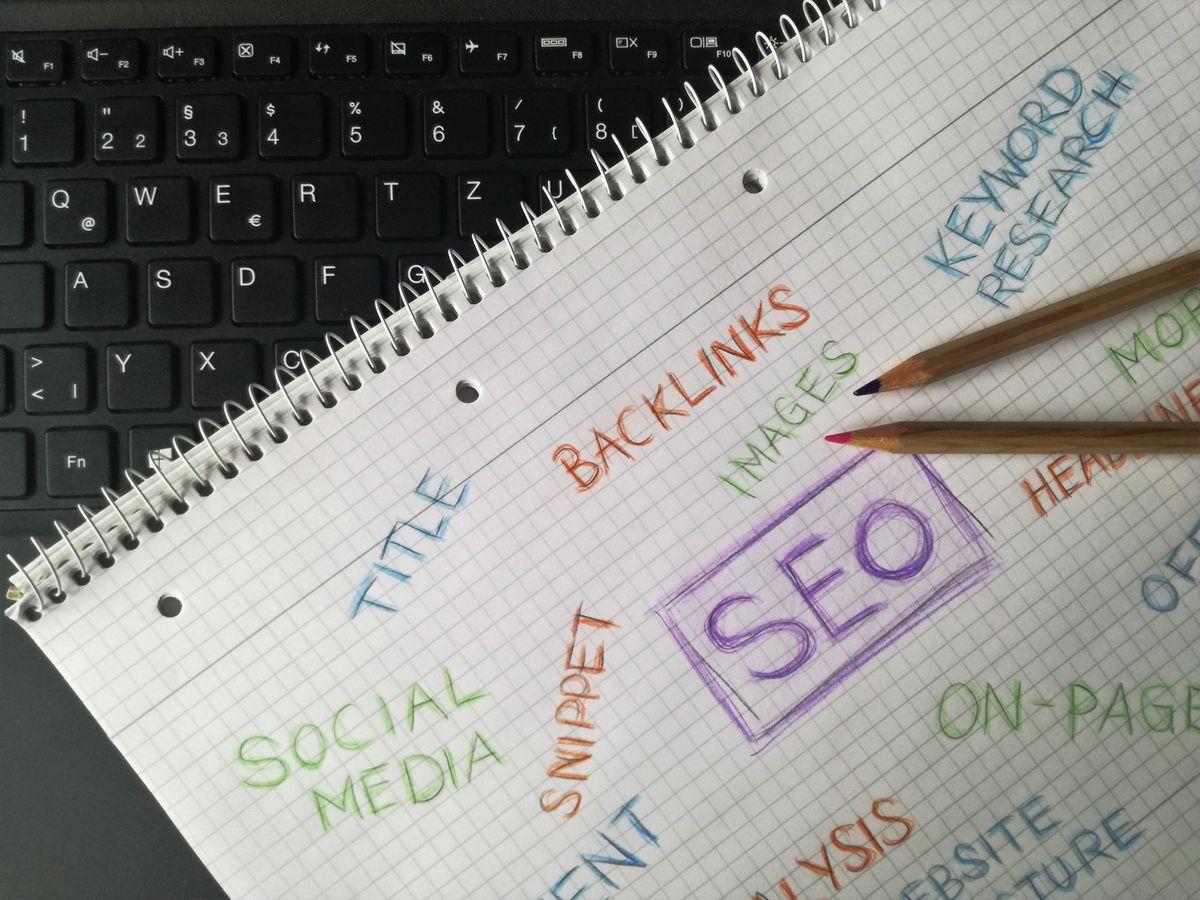 Notebook with SEO keyword research notes