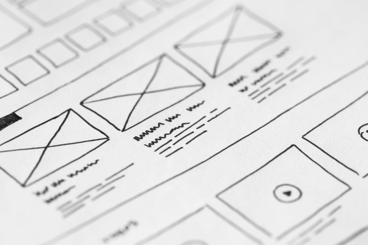 Hand-drawn wireframe sketch for a new website